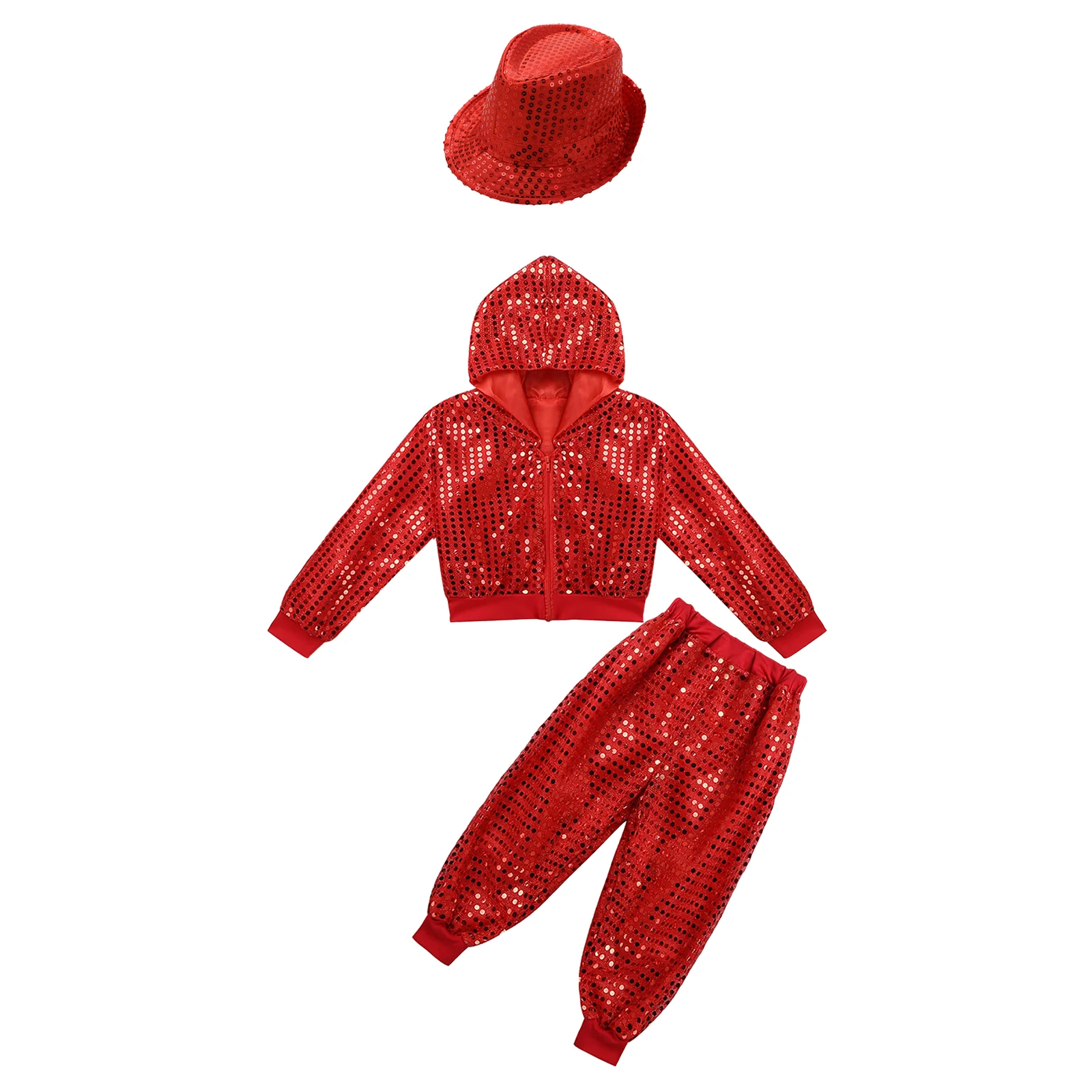Children Hip-hop Jazz Dance Outfit Long Sleeve Shiny Sequin Hooded Tops with Pants and Fedora Hat Stage Performance Dancewear