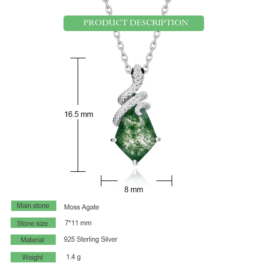 WES 100% 925 الفضة الأفعى الطبيعية 7*11 مللي متر الطحلب العقيق قلادة قلادة للنساء المشاركة الحيوان الغابات مجوهرات هدية بالجملة #3
