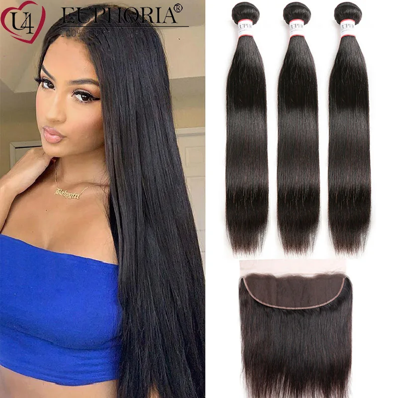 

Brazilian Human Hair Straight 3 Bundles With Closure Natural Color Bundles With 13x4 Swiss Lace Frontal Extension Euphoria