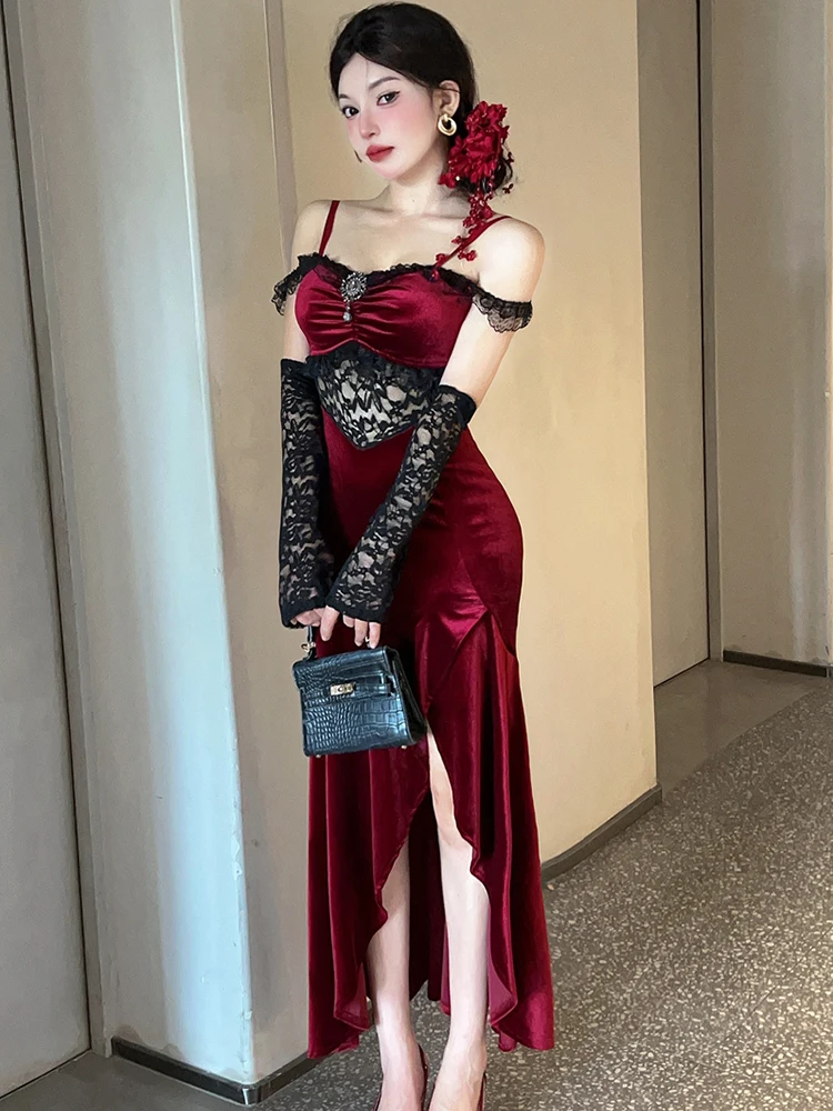 Feminino vermelho veludo retalhos renda preta oco para fora vestido sexy outono inverno elegante vestido de luxo 2025 coreano vintage bodycon vestido