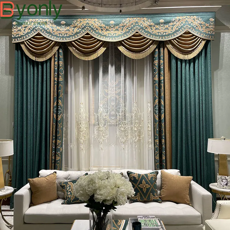 

American Retro Dark Green Chenille Jacquard Thickened Shading Curtains for Living Room Bedroom Villa Window Screens Valance