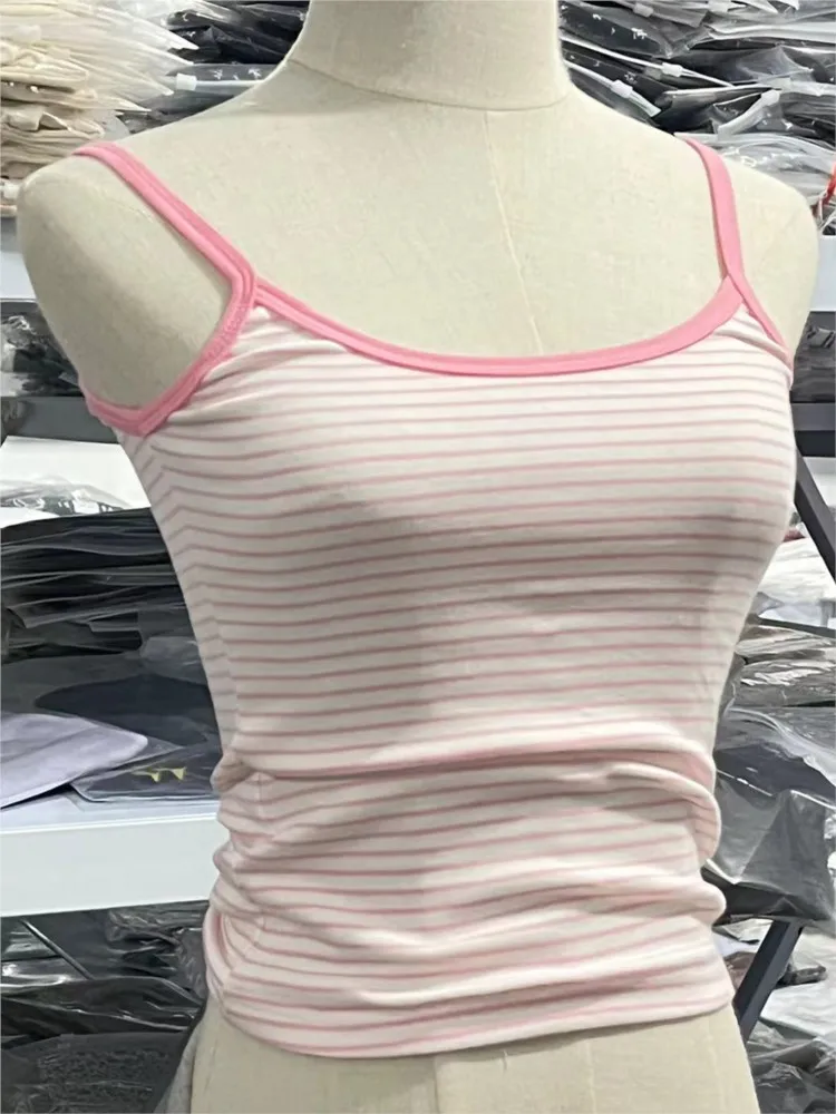 Camisola a rayas rosas ajustadas para mujer, ropa informal de algodón, chalecos sin mangas bonitos y sexis, camisetas sin mangas Vintage Y2K elegantes para mujer