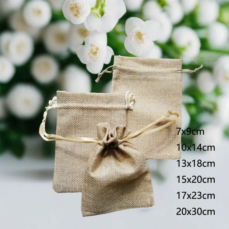 Linen Jute Bag Wholesale 50pcs Gift Bags Sack Burlap Bags Jute Drawstring Bag for Wedding Christmas Packaging Storage Pouches