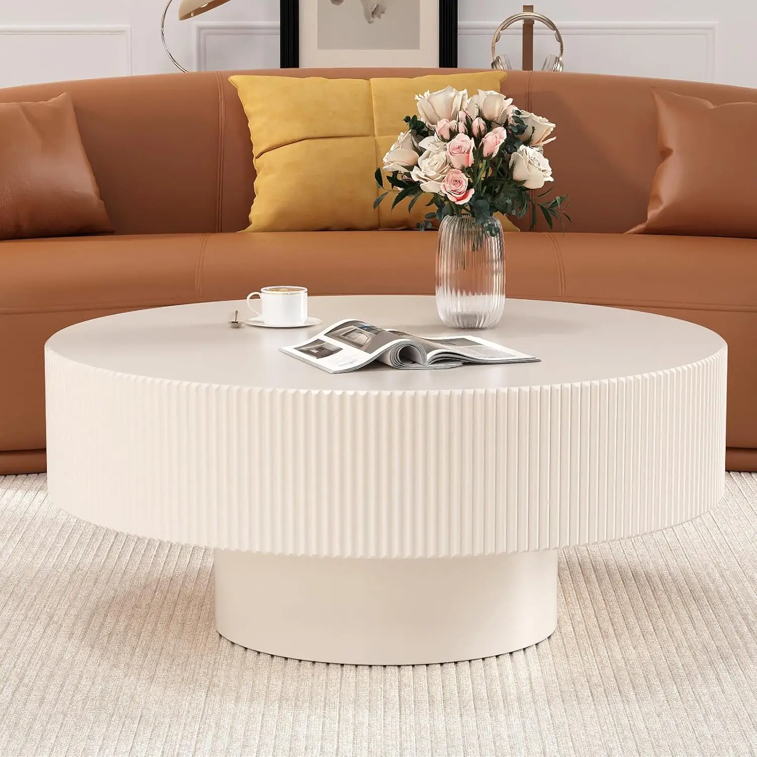 

Круглый журнальный столик-барабан 30,9 дюйма, современный деревянный столик с рифленой поверхностью и прочной подставкой, ручная работа из шпона, на заказ