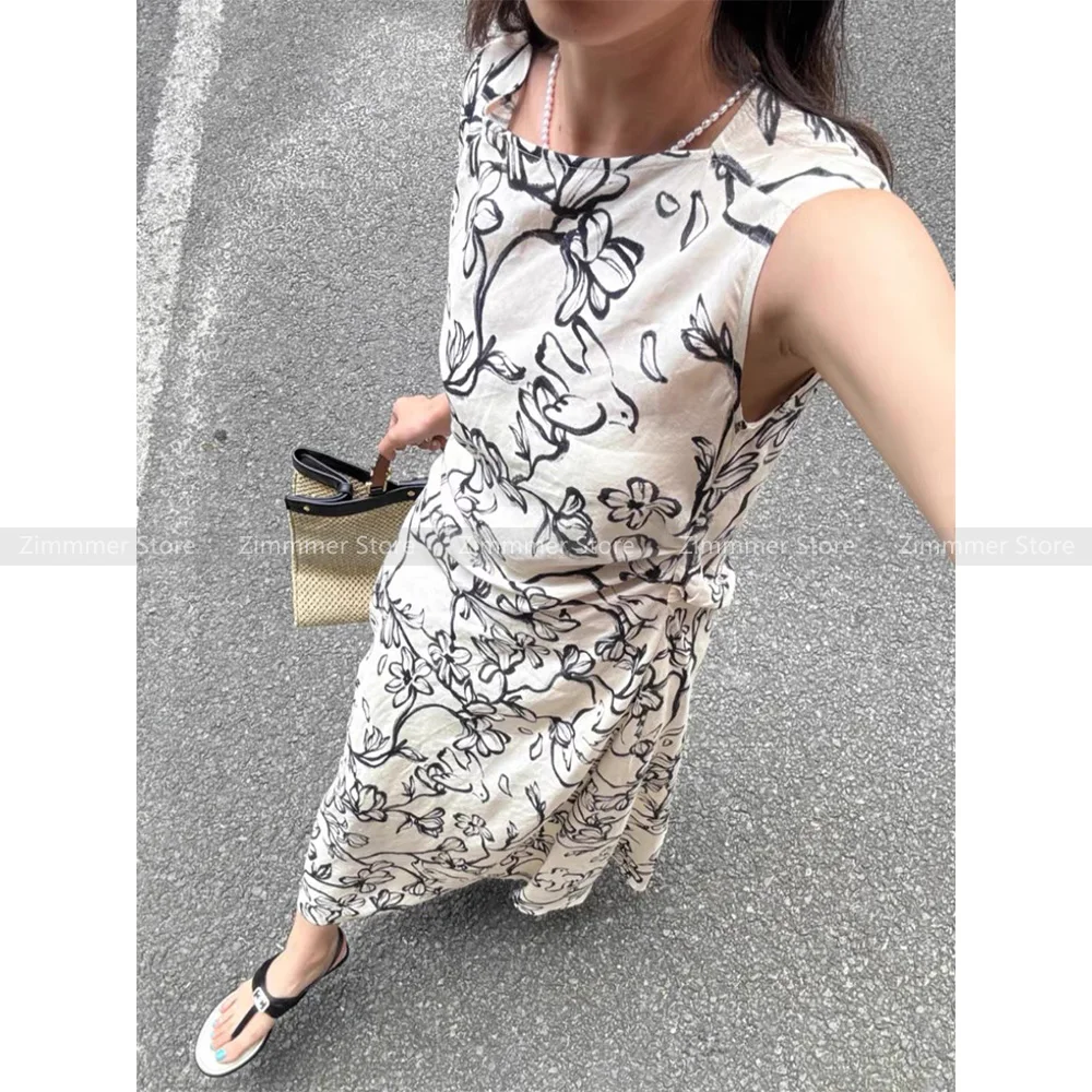 

Printed Dresses Women 2024 Summer Resort Style Pleated Waisted Sleeveless Linen Long Dresses