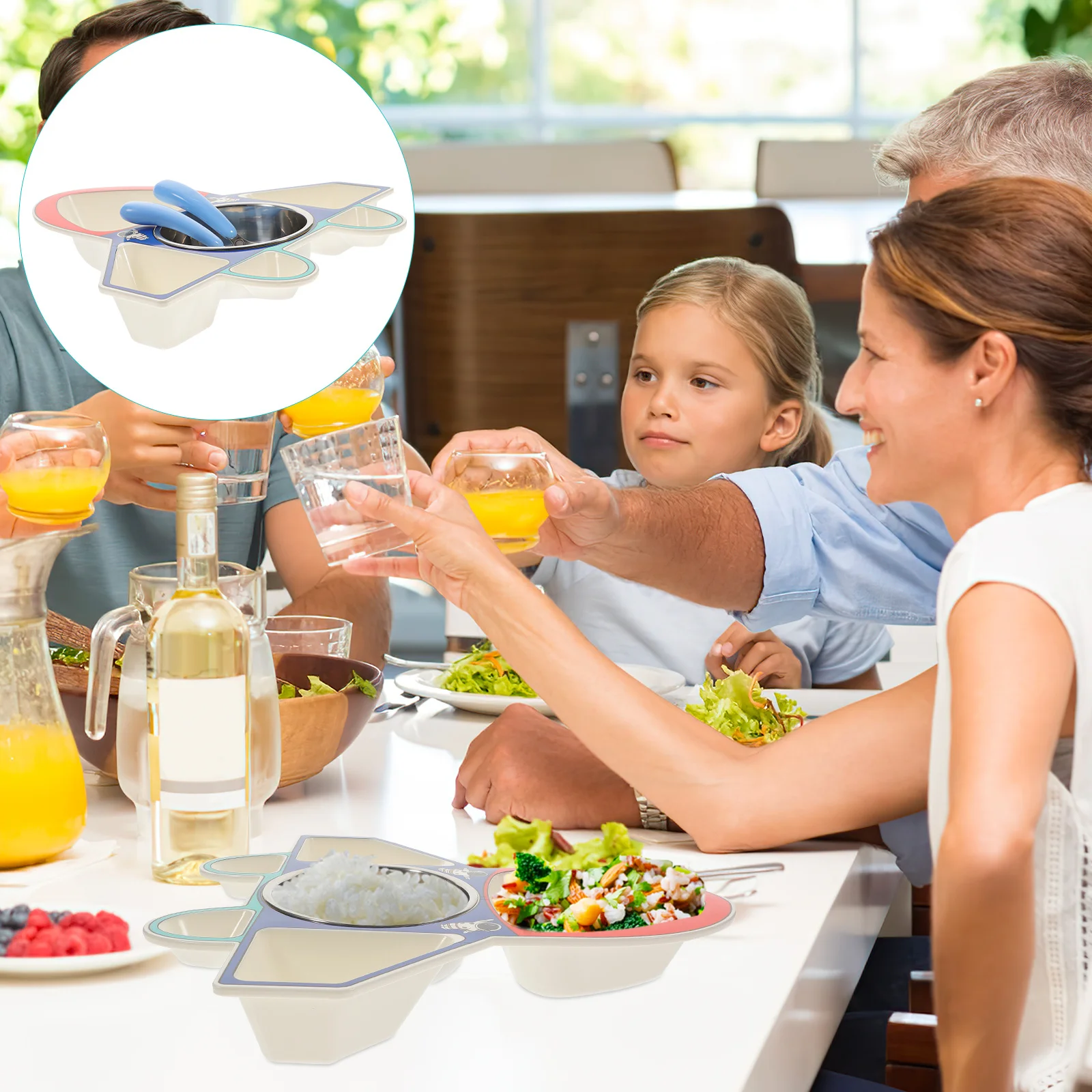 

1 Set Cartoon Airplane-Shaped Divided Food Plate Stainless Steel Kids Eating Bowl For Home Banquet Daily Use Appetizer Serving