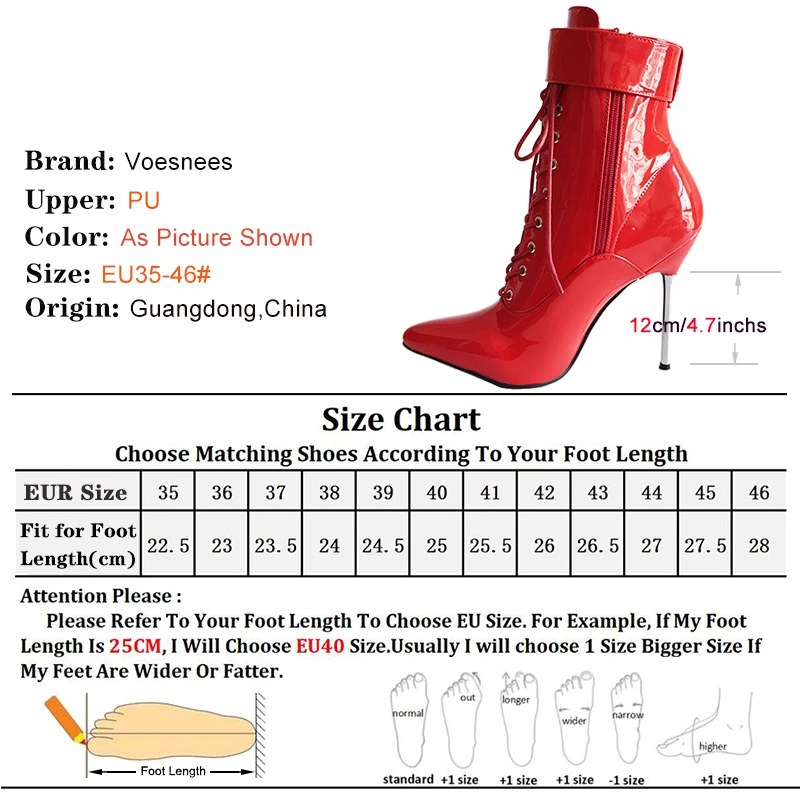 High Heel 12cm Stiletto Sexy Zip Lace-Up Women Ankle Boots Patent Leather Pointed Toe Lockable Padlocks Cosplay Boots Size 46