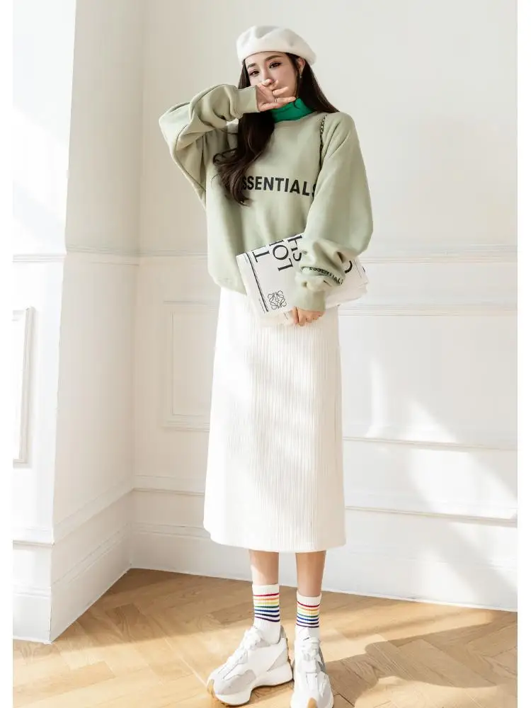 

Korean Fashion Black White Elegant Office Thick Skirt Women Autumn Winter Brown Slim High Waist Velvet Knitted Long Skirts Trend