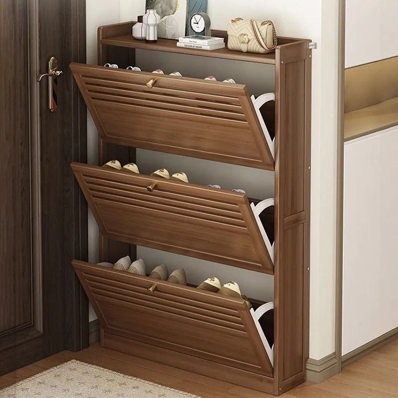 Wooden Shoe Racks Storage Organizer Entrance Shoes Closet Cabinet Space Saving Ultra-thin Shoe Rack Vertical Closed Shoe Cabinet