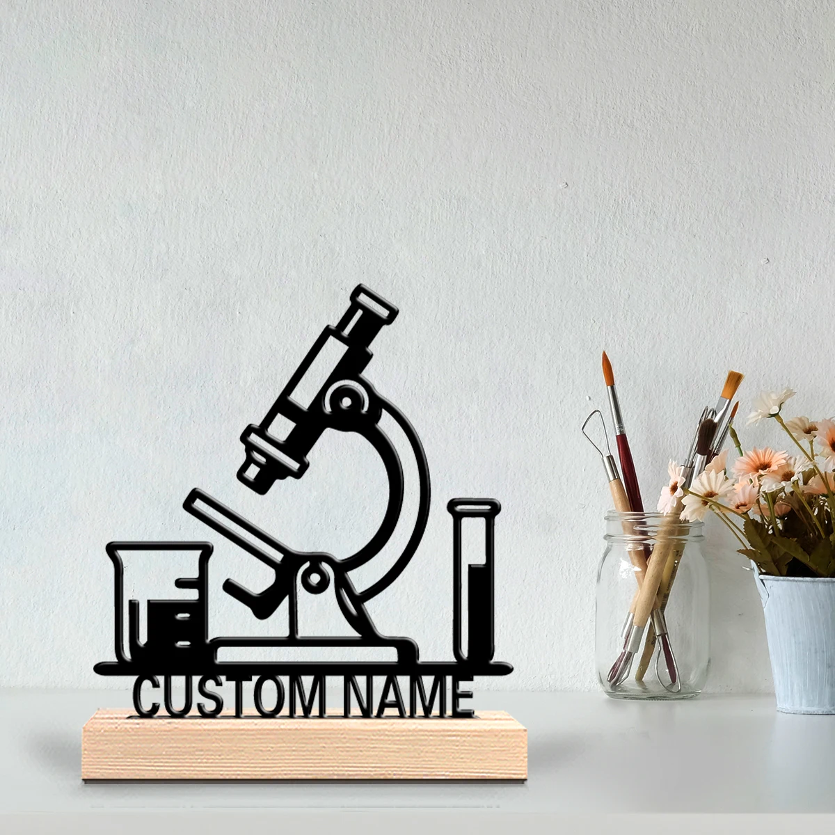 1 pièce, statue en métal personnalisée à l'effigie d'un microscope, sur base en bois, décoration de bar pour cuisine et salle à manger, thèmes modernes et rustiques