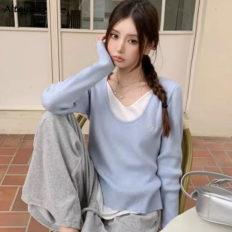 Long Sleeve T-shirts Women Fake Two Pieces Baggy Clothes Fashion All-match Outwear Preppy Youthful Young Lady Tender Ulzzang