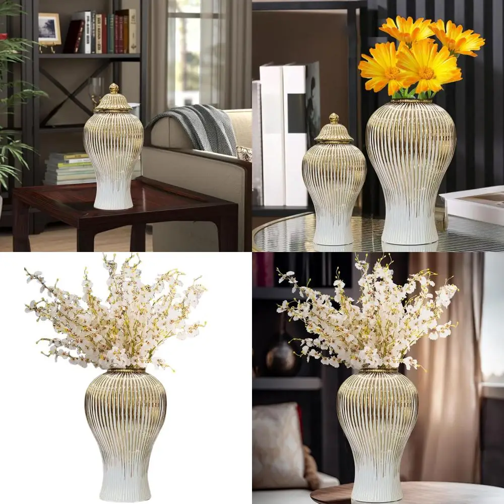 

Large Handcrafted White Gold Ceramic Ginger Jar with Lid, Elegant Porcelain Vase for Home Decor, Living Rooms, and Wedding Cente