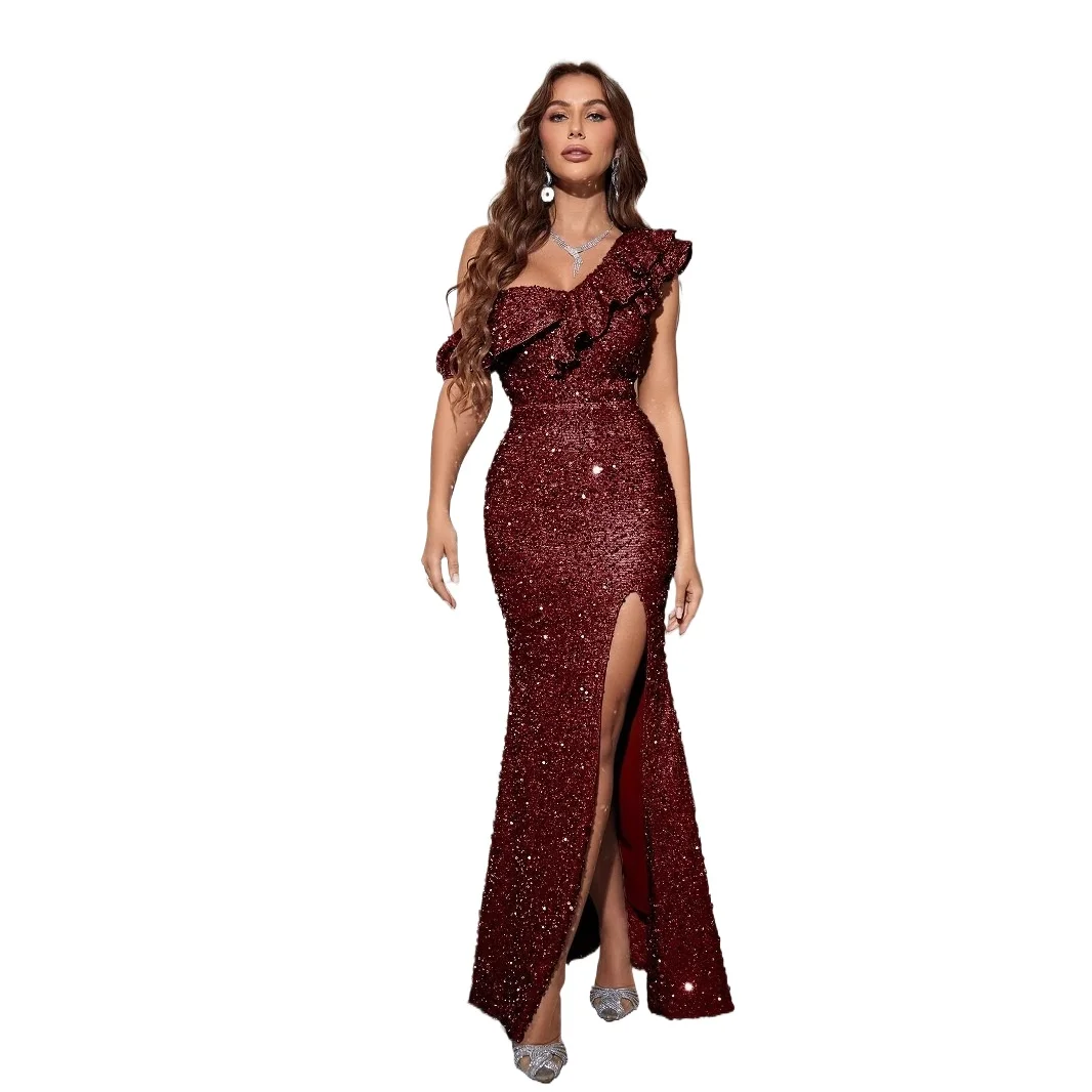 

Sexy One Shoulder Ruffles Sequined High Split Mermaid Long Formal Evening Dress