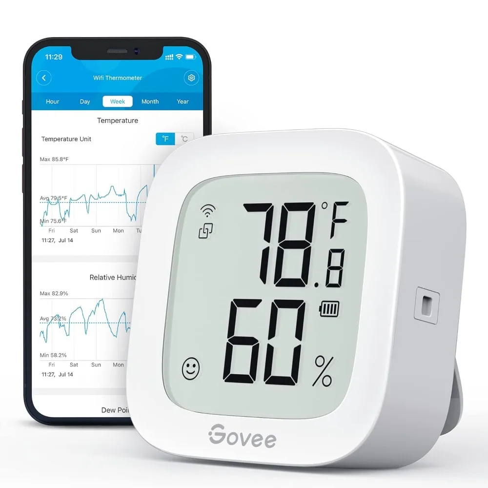 

Indoor WiFi Temperature Humidity Sensor with E Ink Display App Alerts Data Export Digital Bedroom Monitor