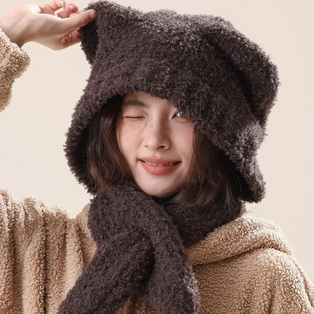 Korean Plush Bear Ear Hat Scarf Integrated Winter Cute Fashion Cartoon Soft Thick Windproof Warm Earmuff Cap