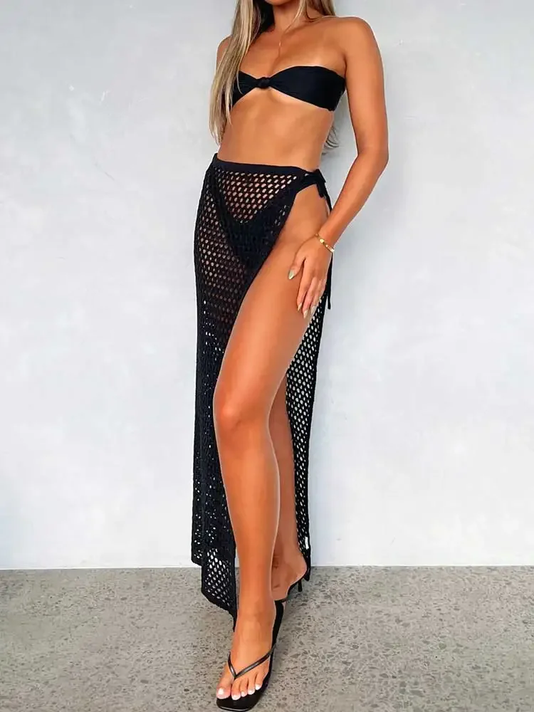 Crochet Cover Up Skirt 2024 Knit Drawstring Long Coverups for Swimwear Women Elastic Waist Beach Wrap Swim Cover Up Skirt A3077