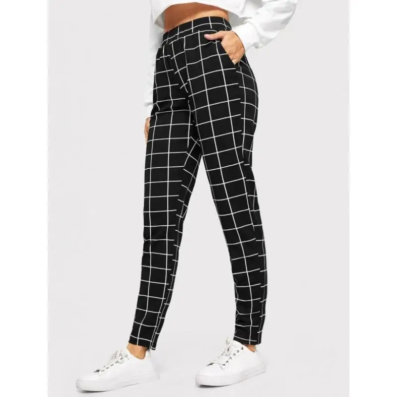

Cross-Border Bots Elastic Waist Side ket Plaid Pants Vintage Sle Ciwalk ort Pants Large Size Tee-acetate Fiber
