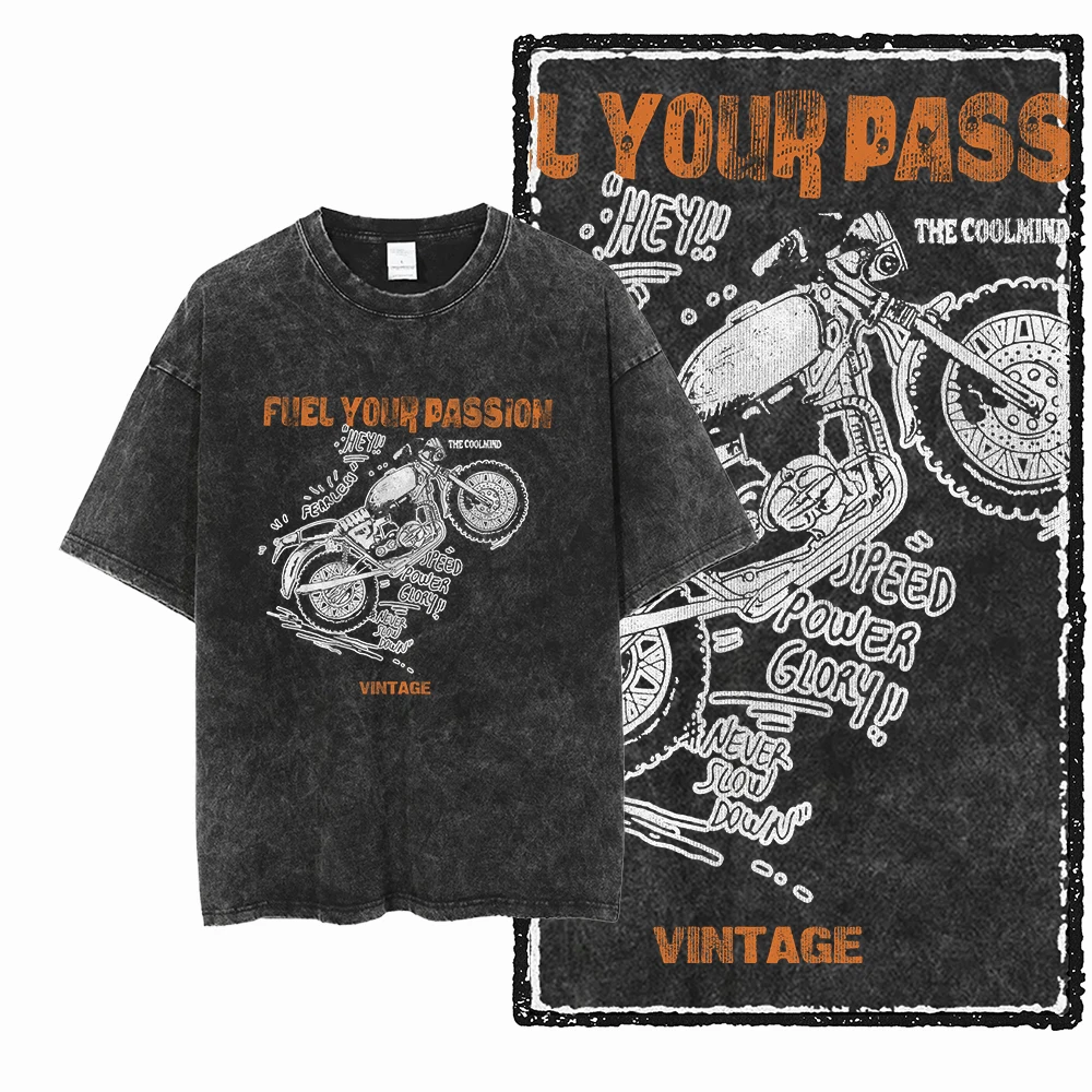 

YM MOTOR CYCLE THEME Printed Cotton Acid Washed Graphic Unisex T Shirt Cool Streetwear Men Tshirts Big Size Tee for Men