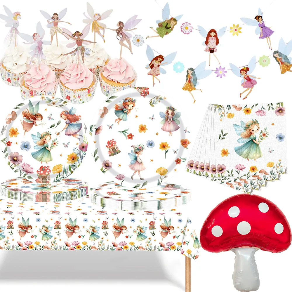 Suministros para fiesta de hadas, vajilla, plato de papel, servilleta, pancarta, mantel, adorno de taza para niña, fiesta de Baby Shower con temática de Hada de cumpleaños