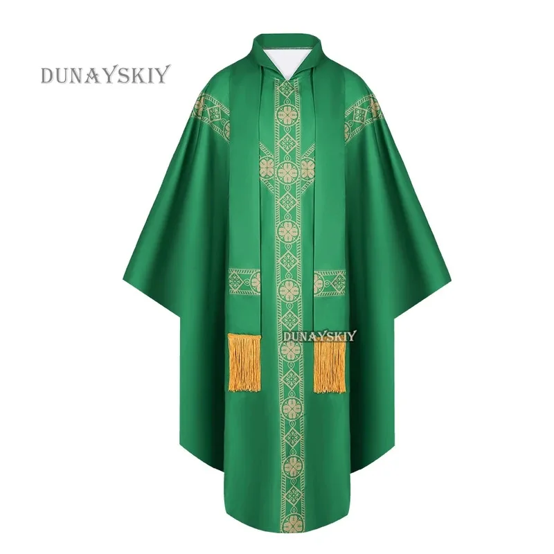 2024 جديد الكاهن الاحتفال Chasuble الكنيسة الكاثوليكية الأب الشامل سترة رداء مع شرابة رجال الدين فستان الحفلات رداء