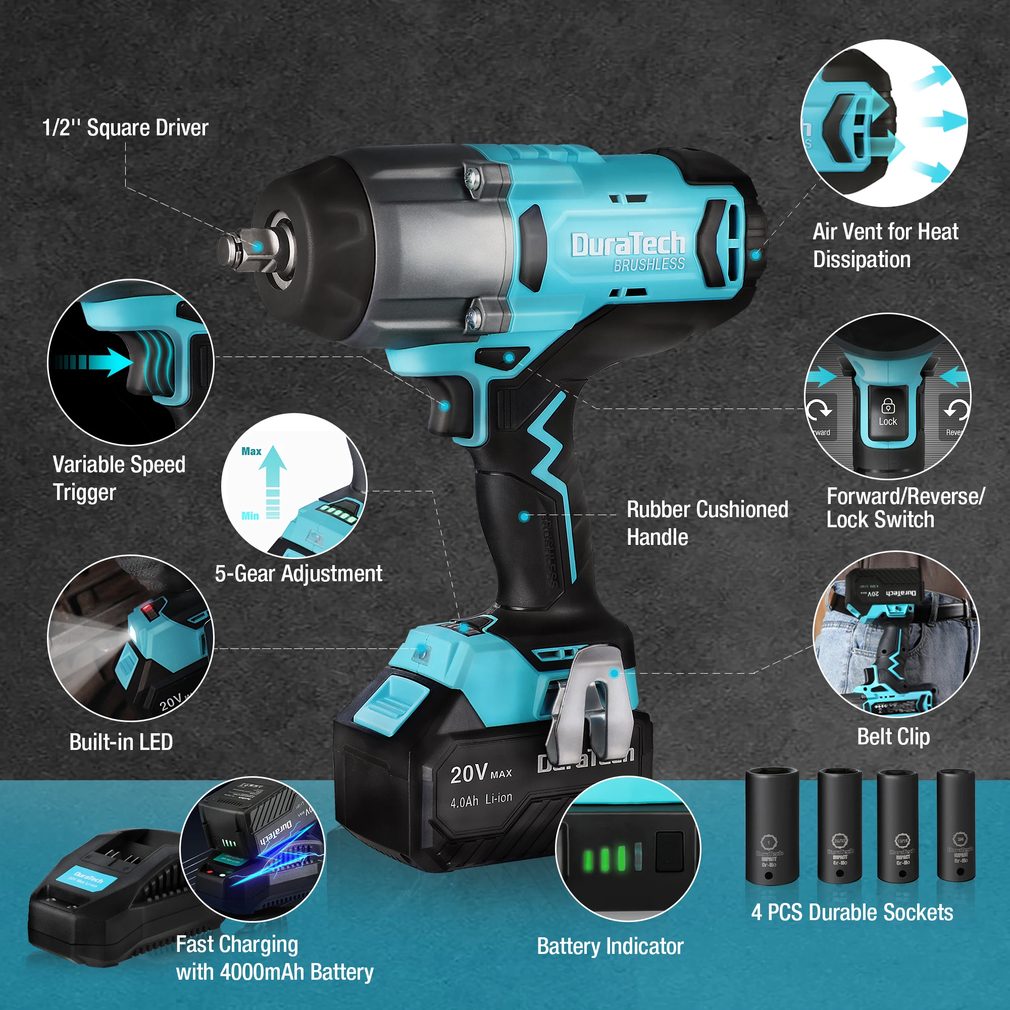 DURATECH 20V 4.0Ah Brushless Cordless Impact Wrench 5 Speed Setting Adjusted Included 4PC Impact Sockets