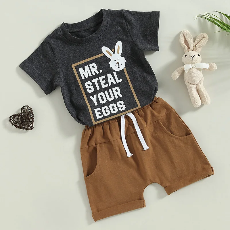 

Easter Baby Boys Pants Set Short Sleeve Crew Neck Letters Rabbit Print T-Shirt Elastic Waist Sweatpants