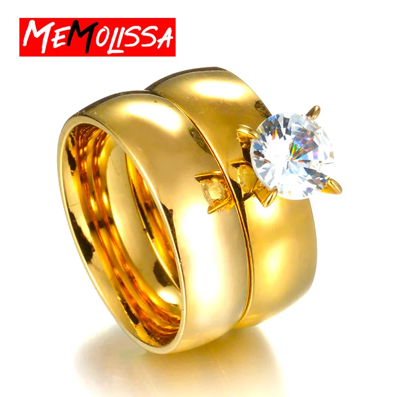 MeMolissa Luxury Clear Stone Crystal Rings For Women Steel Sliver Gold Color Wedding Engagement Couple Jewelry Wholesale
