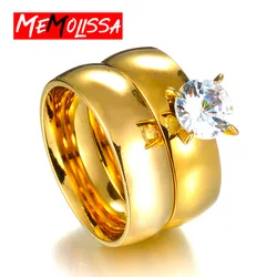 MeMolissa Luxury Clear Stone Crystal Rings For Women Steel Sliver Gold Color Wedding Engagement Couple Jewelry Wholesale