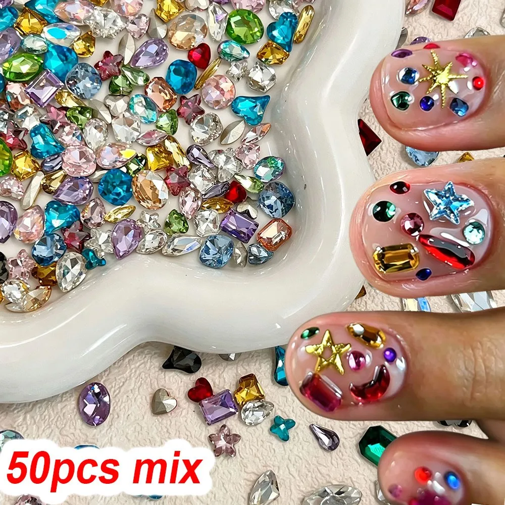 50Pcs Multi Shapes Candy Color Nail Rhinestones Shiny Hearts/Square/Waterdrop/Star/Butterfly Nail Diamond Pointed-Back Nail Gems