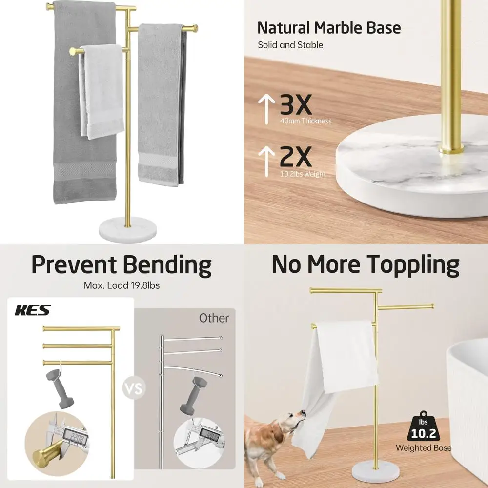 Toalheiro de banho autônomo em ouro escovado de 40 polegadas com base de mármore natural e 3 braços giratórios