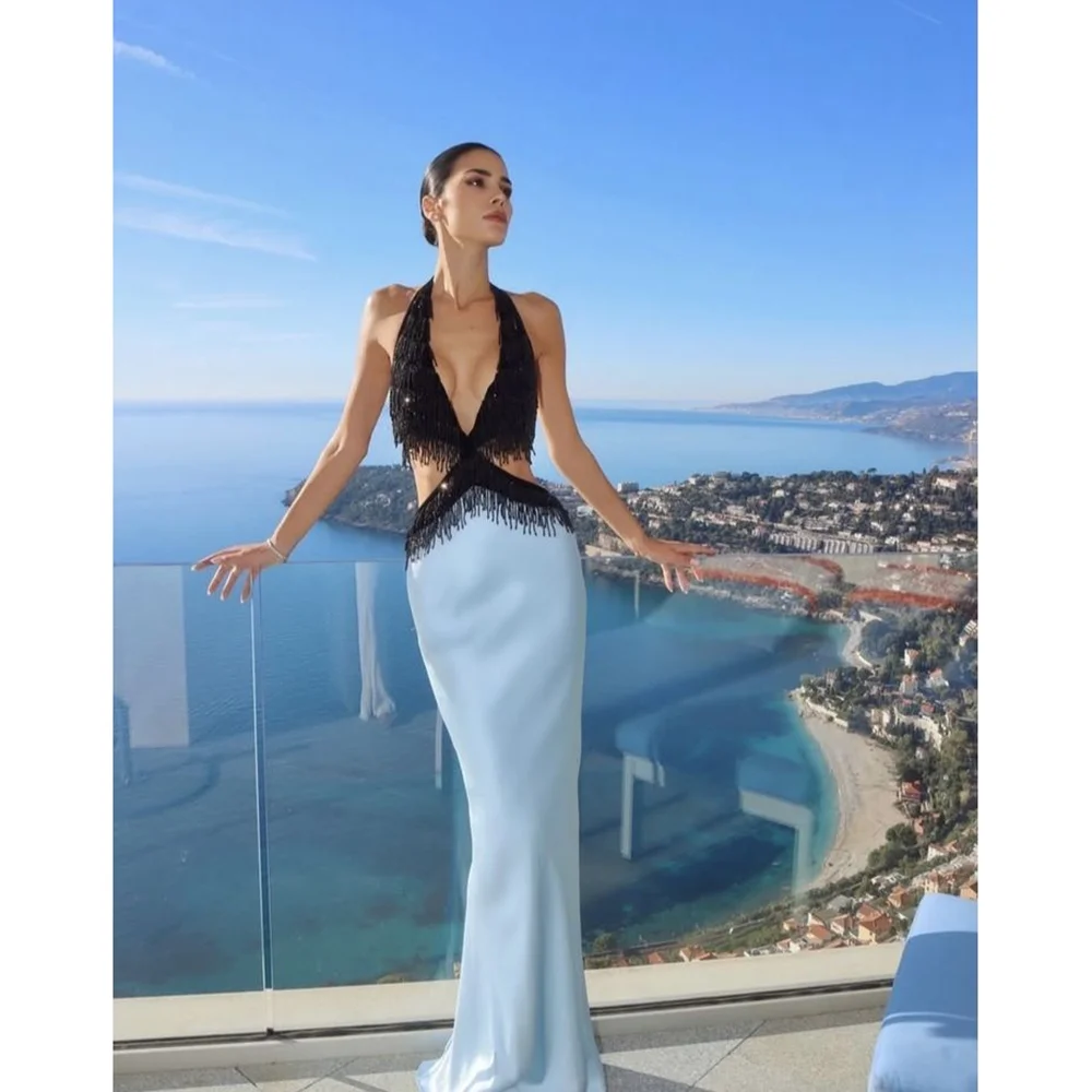 

Сексуальное женское платье для выпускного вечера с глубоким V-образным вырезом и кисточками, открытая спина, длиной до пола, высокое вечернее платье русалки