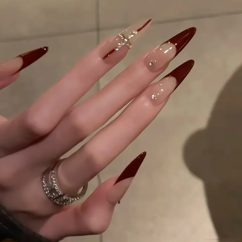

24 Pcs Nail Tips Red French Press on Nails To Stick Stickers for Nails with Charms Stiletto Fake Nails for Gluing Removable 2025