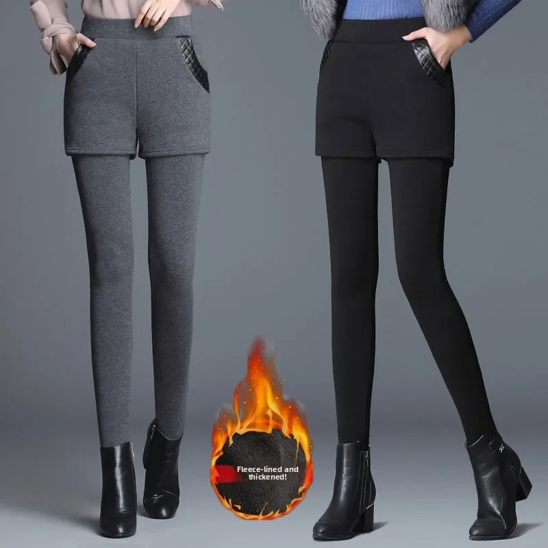 High Waist Thickened Fleece Women's Autumn Winter Elastic Warm Trousers Slim Fit Pants Comfortable Casual Style Polyester Fiber