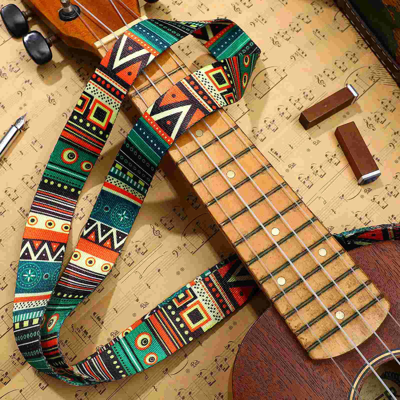 Ukulele Strap Guitar Strap Vintage Ethnic Style Adjustable Colorful Pattern Strap with Hook Carry Accessory