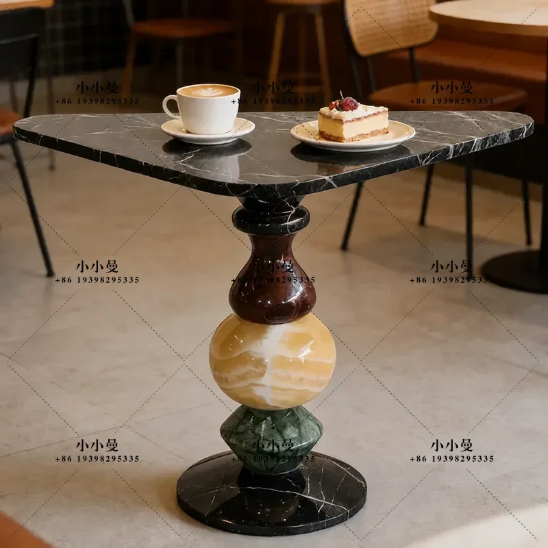 Natural Marble and Jade Triangular Ball Leg Coffee Table with Splicing Contrasting Color Edges Niche Design 750x500mm