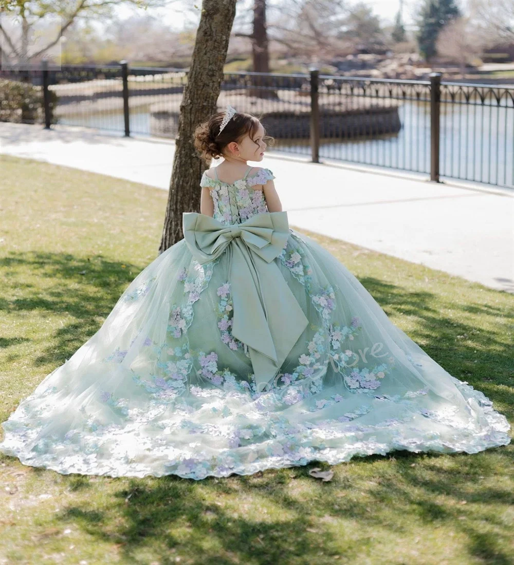 Princess Style Luxury Floral Applique Flower Girl Dress with Fluffy Bow for Wedding Party Fancy Evening Wear