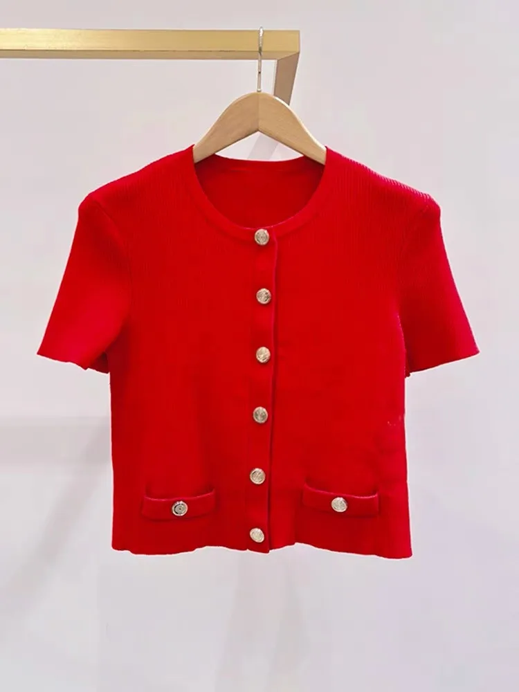 

High-End Version Red Knitted ort-Sve round Ne Open Cardigan Top Faionable Women'swear Euro-Sle ort Length
