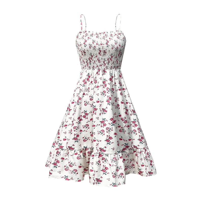 【SEE】Mini vestido floral con tirantes finos, cuello cuadrado, línea A, lindo vestido veraniego, vestidos de playa de verano para mujer 2025