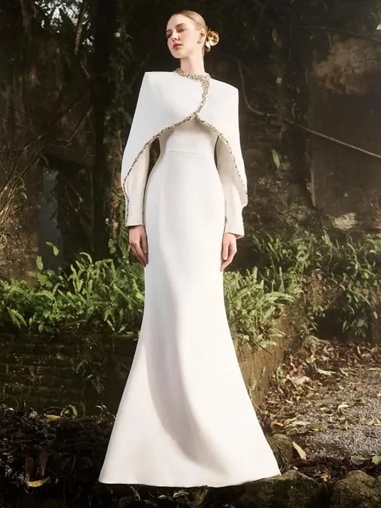 

BluWin HIGH STREET Newest 2025 Designer Vestido Women's Diamonds Beaded Cape Sleeve Floor Length Maxi Long Dress