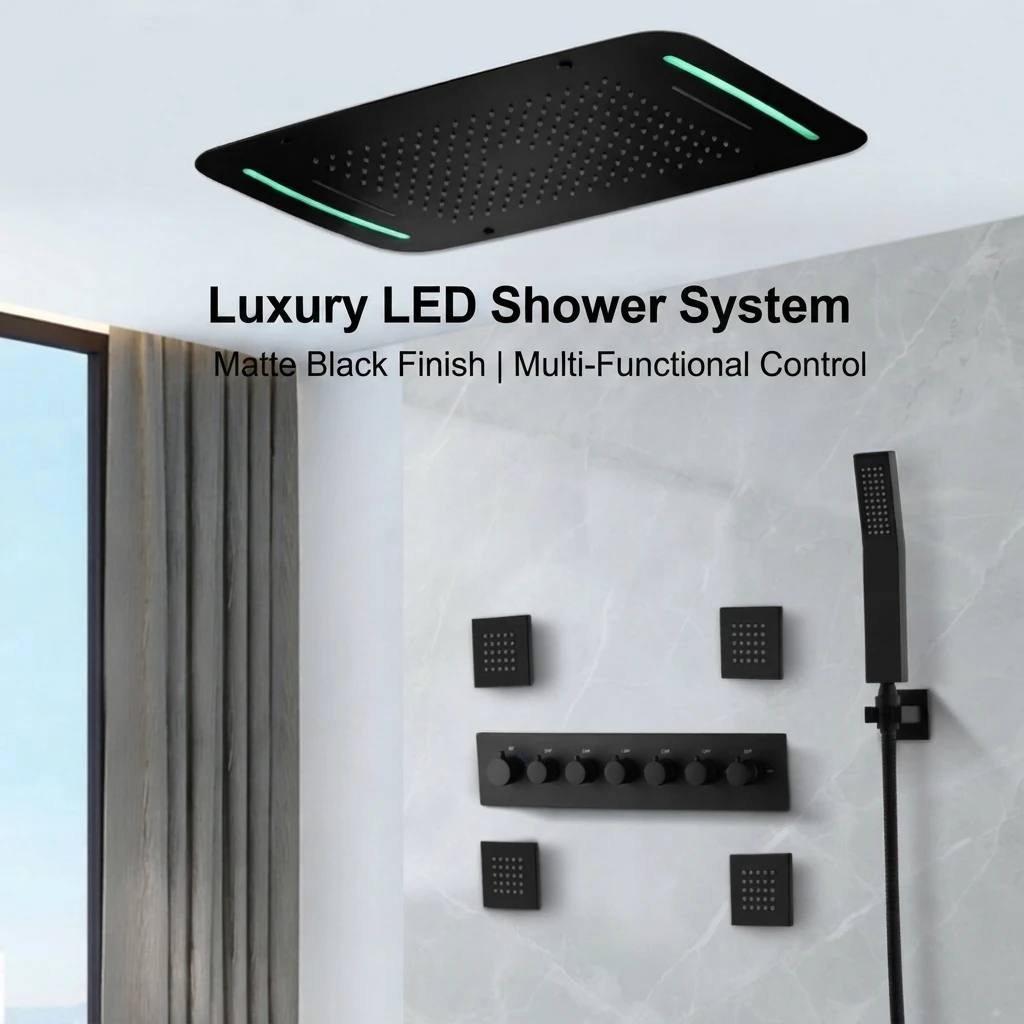 Modern Bathroom 6 Function Smart LED Shower Head Waterfall Massage Handheld Spray Jets Thermostatic Shower Set SPA System