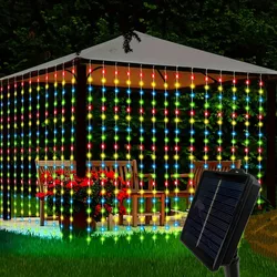 Cortina de luz Solar de 3 × 3M, guirnalda de hadas Solar para exteriores, luces de cadena para jardín, patio, pabellón, boda, fiesta, vacaciones, luces decorativas