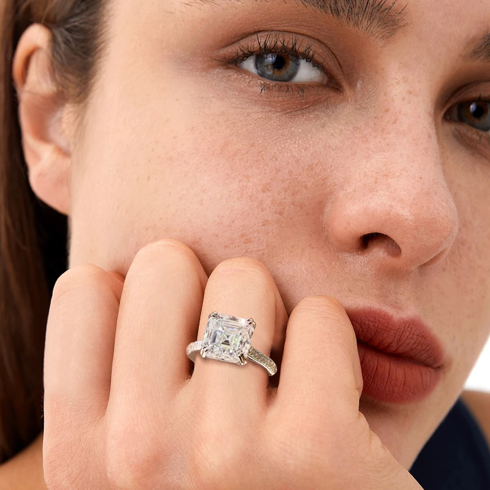 5CT Asscher Cut Moissanite Engagement Rings for Women 10*10mm Big Sparkling Diamond with GRA 925 Sterling Sliver Wedding Band