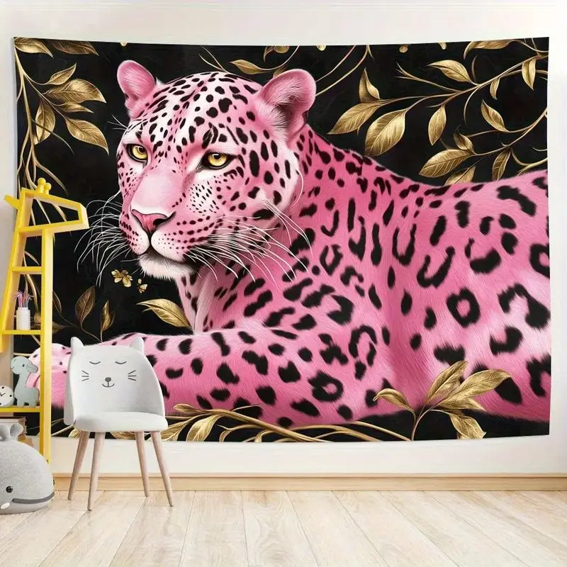 VIKAMA Pink Leopard Gold Leaf Black Wall Tapestry Wild Cat Spotted Animal Golden Botanical Luxury Bedroom Living Room Dorm Soft