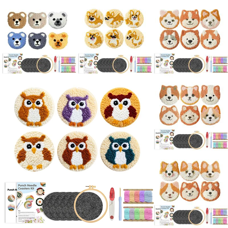 

GATYZTORY 6pcs/Set DIY Punch Needle Embroidery Coaster Set Animal Pattern Sewing Hobby Cup Mat Handmade Embroidery Art Gift
