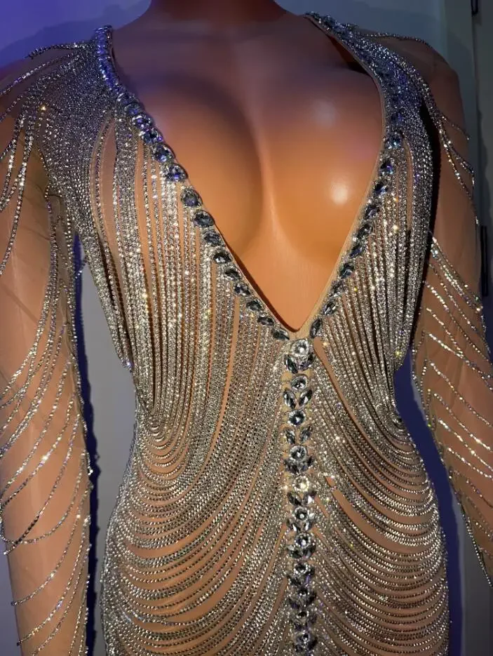 Zilveren Kristallen Kettingen Lange Mouw Strass Jurk Avond Verjaardag Transparante Mesh Outfit Vrouwen Danseres Sexy Jurk