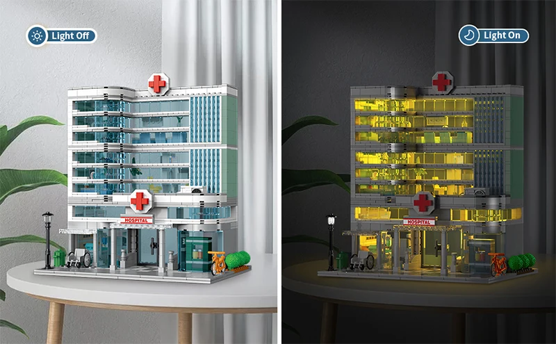 City Hospital Toy Building Set with LED Lighting, Compatible with Lego, Modular Three-Story Architecture Set for Adults, Gift Id