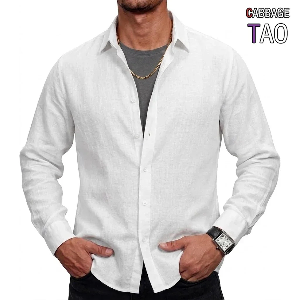 New Mens Luxury Cotton Long Sleeve Shirt Casual Button Down Beach Linen Tops Fall Breathable Lightweight Garments for Men