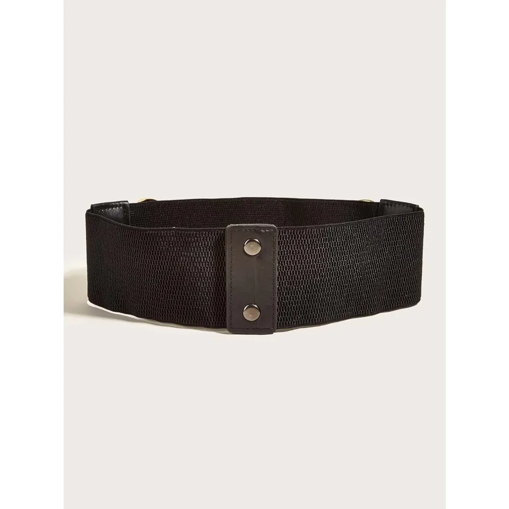 Women Gold Chain Decor Snap Button 8cm Wide Black Elastic Belt
