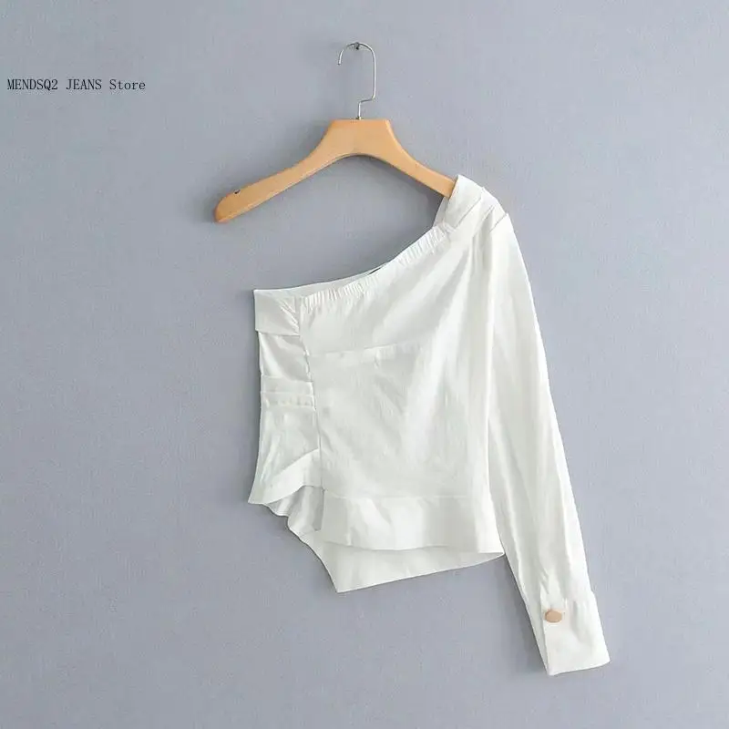 Summer Casual Pleated Irregular Women\'s White Fashionable One Shoulder Cotton Linen Long Sleeved Shirt