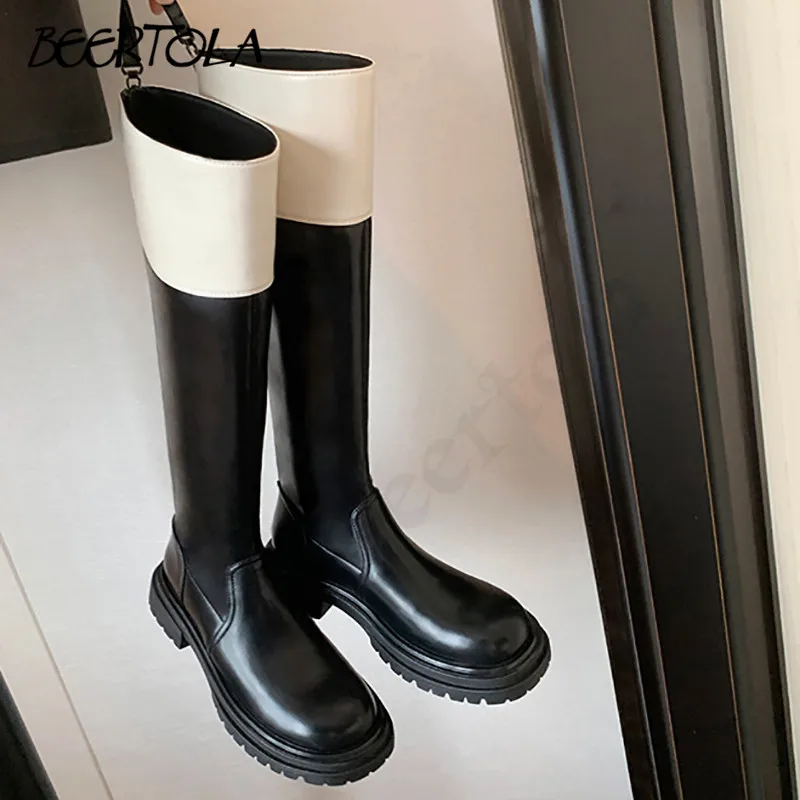 Women's Black and White Color Matching Knight Boots Rear Zipper Thick Heel Thick Sole Boots Not Above The Knee Chelsea Long Boot